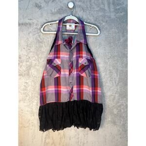 Upcycled Pink Plaid Shirt XL Black Lace Trim Boho, Festival Hippie Whimsygoth